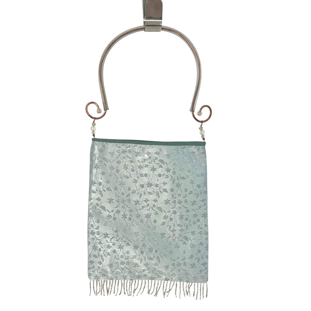 Sage Green Silk Brocade Bag with Copper Handle & Beaded Fringe